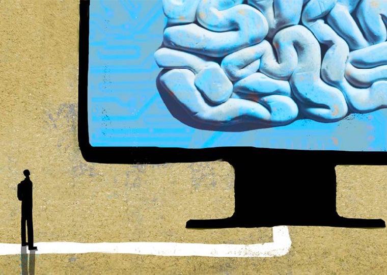 An illustration of a giant monitor with a brain inside and a person in shadow staring up at it.