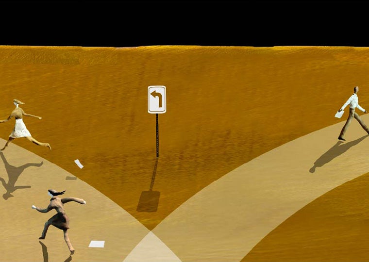 Illustration depicting two paths, the one on the left populated by lots of people and the one on the right by one person.