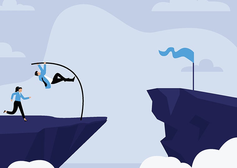Illustration of two men and a woman trying to bridge a chasm
